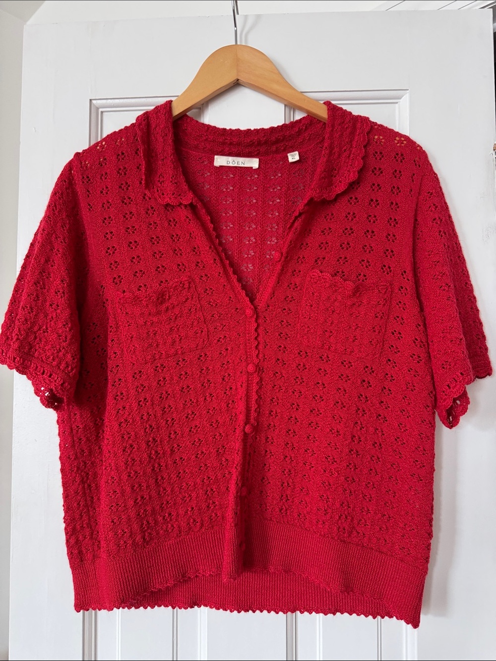 Red Short-Sleeve Crochet Button- Up Top